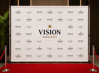 Step and repeat branded backdrop for press event by Trosmo